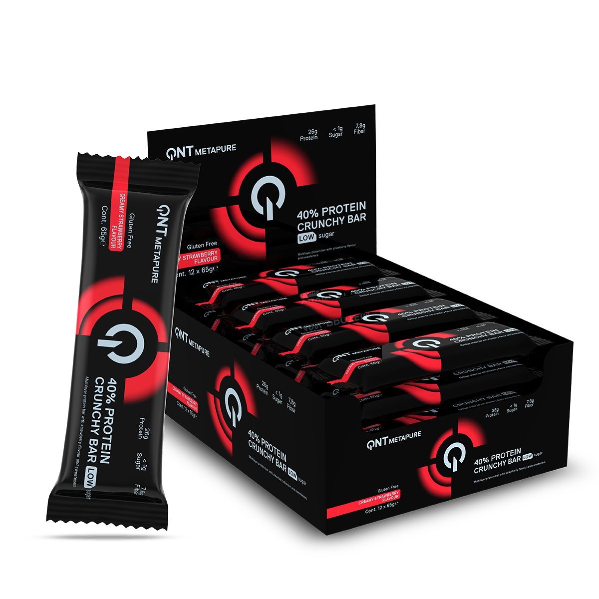 Barres protéinées QNT 40% Crunchy Fraise 🍓 - 26g protéines, sans gluten - Pack 12 x 65g